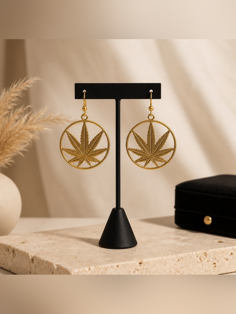 Gold Tone Mary Jane Leaf Drop Earrings - Hypoallergenic Hooks
